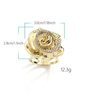 Golden rose rhinestone scarf buckle detail view showing precise dimensions and glittering stones.