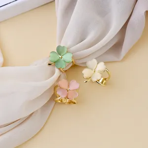 Sweet Four Leaf Clover Silk Scarf Buckle Women Fashion Alloy Rhinestone Shawl Clip Multifunctional Corner Buckle Jewelry