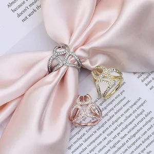 Elegant alloy rhinestone three-ring silk scarf buckle, versatile ring for women fashion.