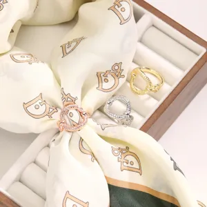 Crystal scarf ring buckle set with luxury monogram silk scarf for women fashion accessory