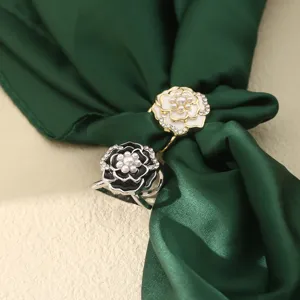 Elegant camellia pearl scarf buckle ring double color alloy rhinestone apparel accessory for women
