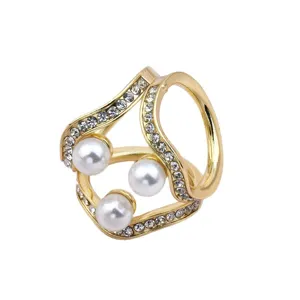 Gold multi-ring scarf buckle with pearls and rhinestones elegant fashion accessory for women