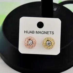 Round rhinestone hijab magnets set, rose gold and gold scarf pins for secure daily wear.