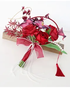 Chinese wedding artificial hand bouquet red rose bridal photo prop ceremony floral decor
