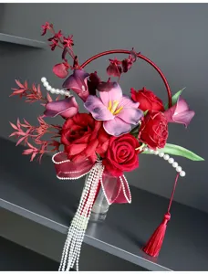 Chinese wedding hand bouquet artificial flower bridal holding photo prop wedding scene decor close up