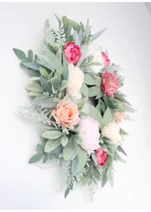 Artificial peony and rose floral wreath detail view, perfect for home door and wall decoration.