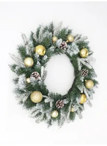 Weihnachtskranz mit Zapfen goldenen Kugeln Schnee beflockt Haustür Deko für Weihnachten