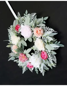 Artificial peony rose floral wreath close-up, perfect for wall hanging, wedding and home door decor.