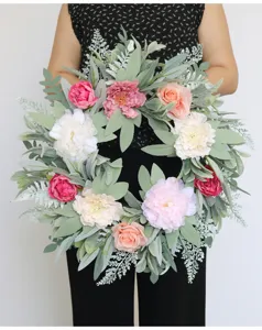 Artificial peony rose wreath detail, floral ring for wedding decor, home wall hanging.