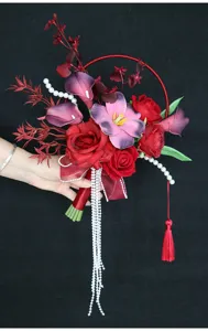 Chinese style wedding artificial flower bridal hand bouquet with pearls for photography props