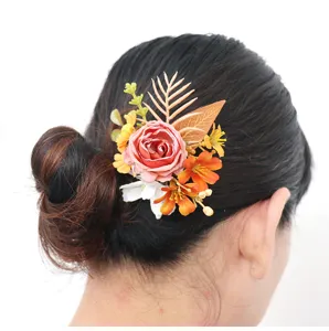 Retro autumn artificial rose hair comb bun pin elegant floral bridal hair accessory for women