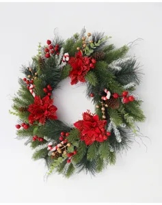 Christmas wreath artificial pine cones red berries holiday door hanging decoration details