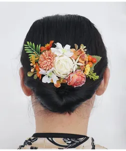 Vintage autumn floral hair comb, artificial rose hairpin for wedding and pastoral updo.