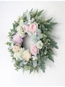Artificial peony and rose floral wreath detail, perfect for home door and wall decoration.