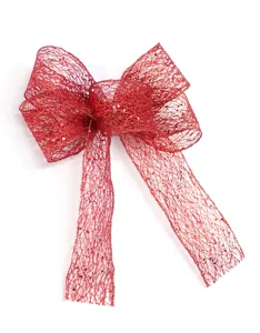 Dettaglio del fiocco rosso glitterato per decorazione dell albero di natale o pacco regalo.