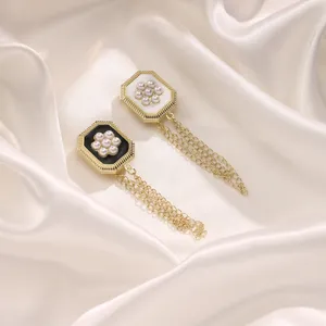 Exquisite detail shot of luxury pearl flower magnetic buttons with delicate hanging chains.