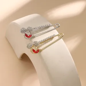 Rhinestone cherry safety pin brooch, elegant crystal shawl scarf clip and garment fastener.