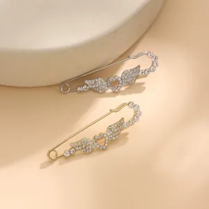Rhinestone angel wing heart safety pin brooch, elegant metallic scarf shawl buckle accessory.