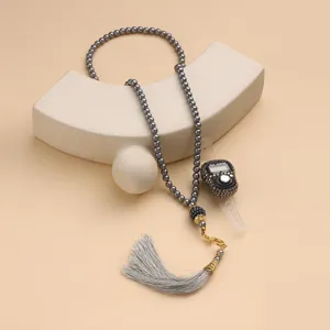 Grijs imitatie parel gebedssnoer ketting met digitale telring en elegante kwast set.
