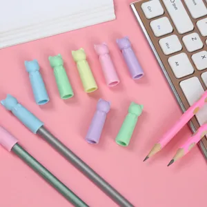 Cute cartoon cat ear silicone pencil caps and extenders, pastel soft rubber covers.