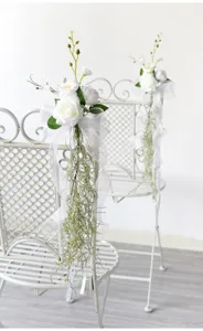 Artificial wedding chair back flowers with white roses and ribbons for party event decor