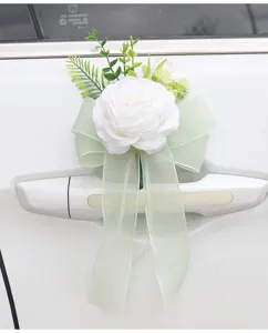 Wedding car door handle artificial flower white rose with green ribbon decor 1pc