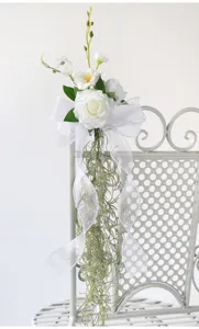 Wedding chair back flower artificial rose decoration with white ribbon for party decor.