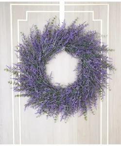 Detailed view of the artificial lavender wreath texture, showing purple flowers and green foliage.