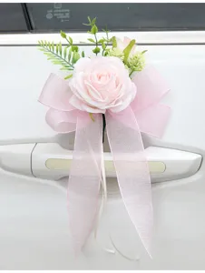 Wedding car door handle flower pink rose ribbon bow decoration simulation floral accessory