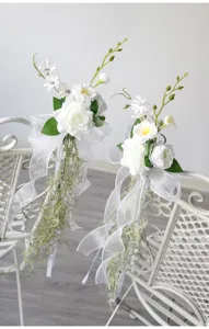 Artificial wedding chair back flowers white rose pew decorations for party ceremony layout