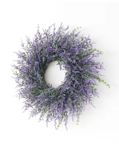 Detailed view of artificial lavender wreath for home wall decor and wedding party decoration.