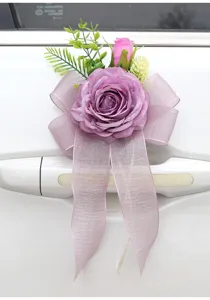 Wedding car door handle artificial flower decoration with purple rose and elegant sheer bow.
