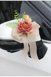 Wedding car rearview mirror decoration flower simulation rose bow for bridal party decor.