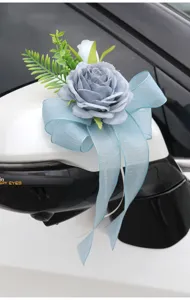 Car rearview mirror artificial rose flower decoration with blue bow for wedding ceremony details