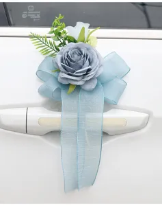 Blue artificial rose wedding car door handle decoration bow flower for ceremony event party.