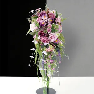 Eleganter Teardrop Wasserfall Künstlicher Brautstrauß Seidenrose Rosa Lila Handstrauß Für Hochzeit Reise Fotografie Requisite Dekor