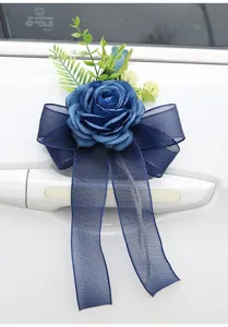 Wedding car door handle decoration blue rose flower bow with mesh ribbon for wedding party