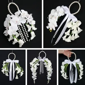 Elegante ramo de novia artificial blanco con lirio orquídea y asa de perlas flor de boda