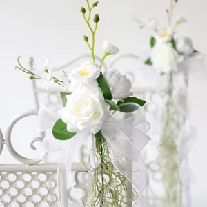 Artificial White Rose Daisy Wedding Chair Back Flowers With Ribbon For Outdoor Beach Wedding Party Reception Decoration