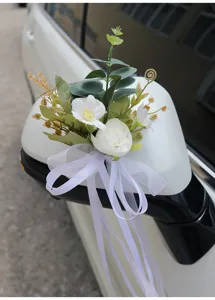 Kunstmatige bloemen decoratie voor auto achteruitkijkspiegel bruiloft witte lint boeket