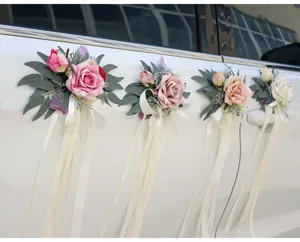 Artificial wedding car door handle flower decoration with long white hanging ribbons