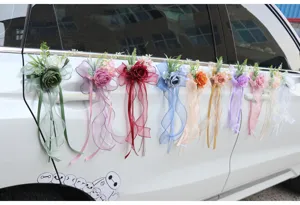 Wedding car door handle artificial flower decoration colorful ribbon bow wedding decor set