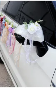 Wedding car mirror decoration artificial flower white rose ribbon set for wedding ceremony