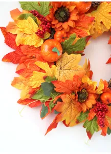 Couronne Automne Thanksgiving Artificielle Feuilles Érable Citrouilles Tournesols Mur