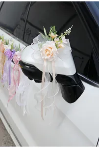 Wedding car rearview mirror artificial floral bow decoration detail display showcase item.