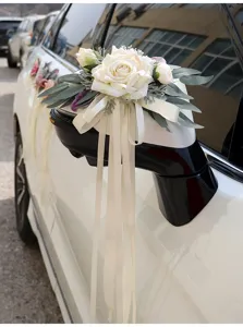 Wedding car mirror decorative flower with white simulation rose and elegant ribbon bow style.