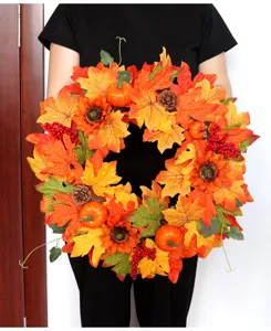 Couronne de porte d'automne citrouille feuilles d'érable artificielles décoration murale