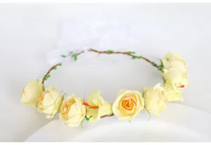 Exquisite artificial floral crown detail, champagne rose wreath for weddings, parties and photo props.