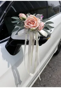 Wedding car rearview mirror artificial rose flower decoration with white ribbon bow.