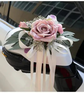 Wedding car rearview mirror decoration rose flower with white ribbons, romantic wedding floral decor.